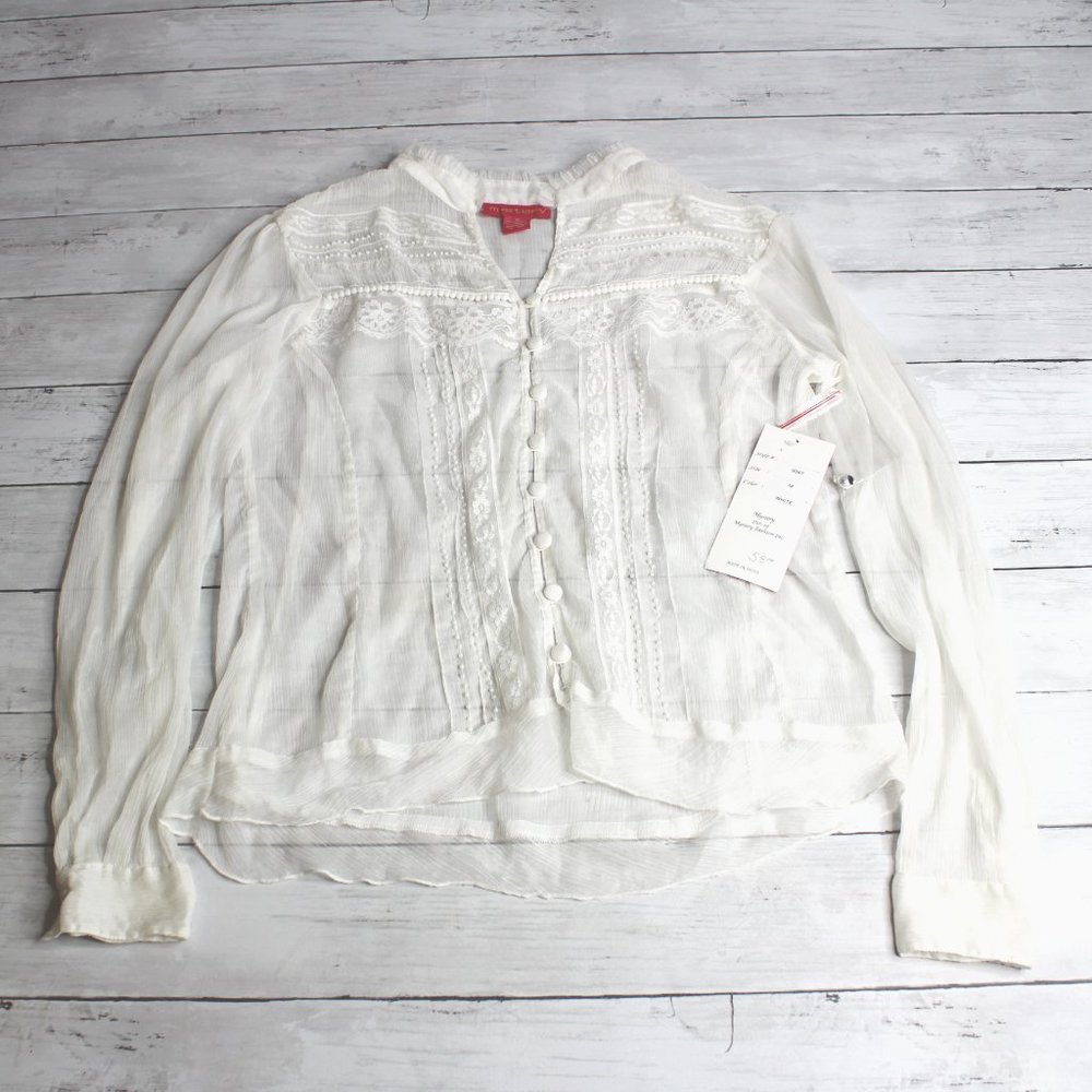 Mystery Vintage Womens Sheer Chiffon White Blouse Size M Victorian Lace